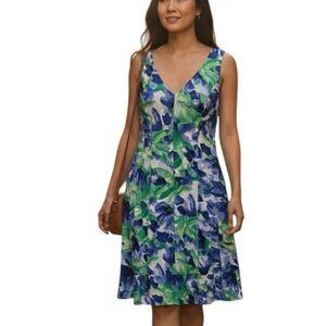 Chaps Womens 12 Floral Sleeveless A-Line Dress Blue Green White Watercolor
